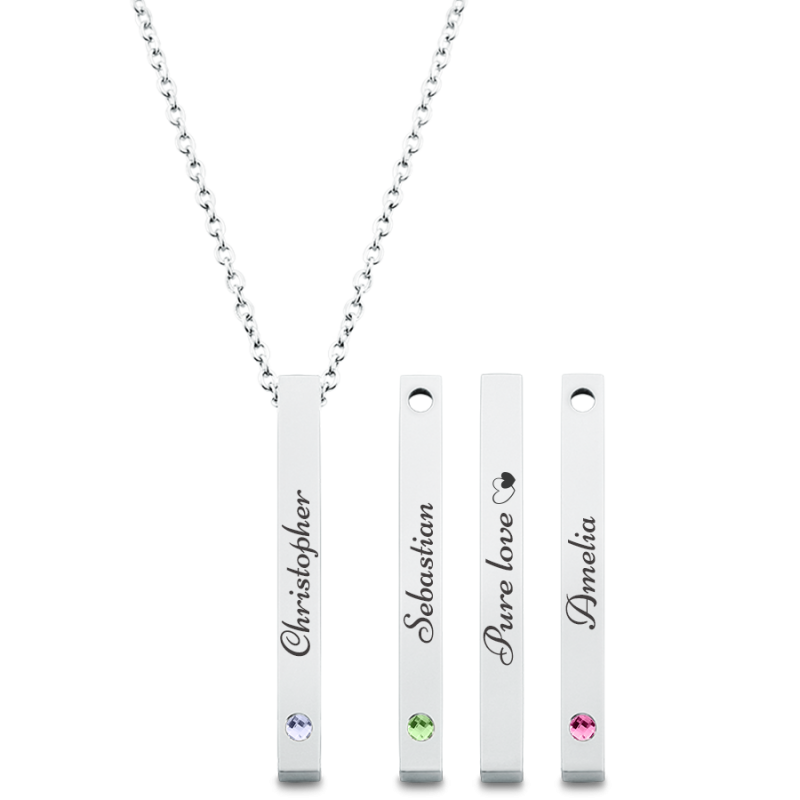 Personalised Engraved Four-Sided Necklace with Three Birthstones