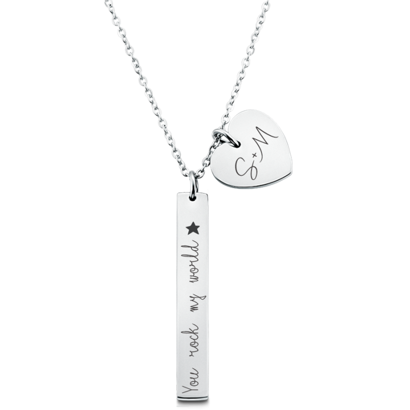 Personalised Engraved Rectangle and Heart Pendant Necklace