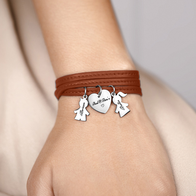 Personalised Son and Daughter Bracelet in Brown Leather