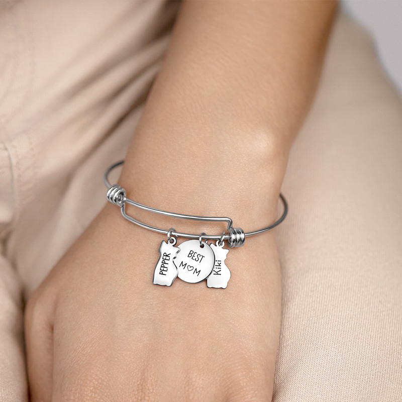 Personalised Multi-Cats Bangle Bracelet with Engraved Names