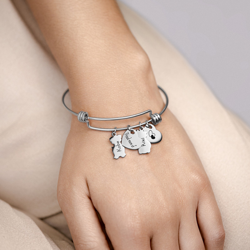 Personalised Dog and Cat Love Bangle Bracelet with Engraved Names