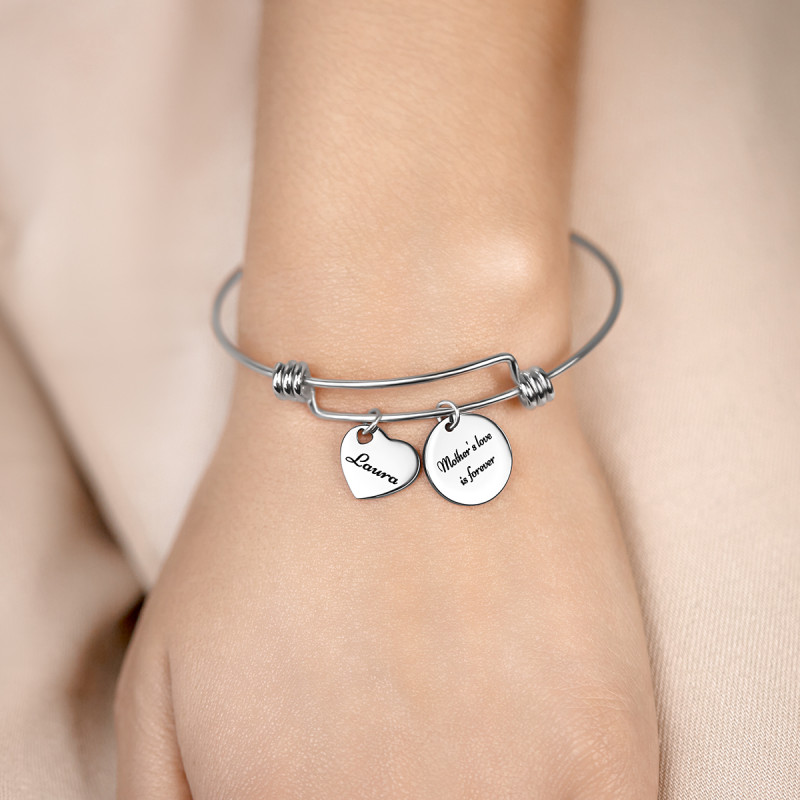 Personalised Circle and Heart Bangle Bracelet with Engraved Names