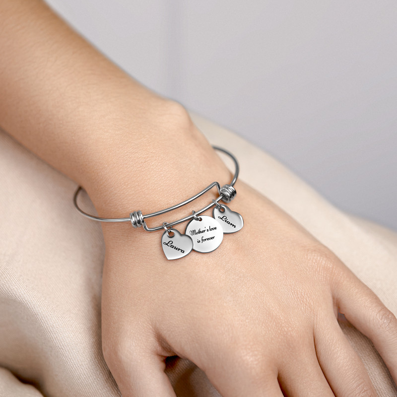 Personalised Circle and Hearts Bangle Bracelet with Engraving