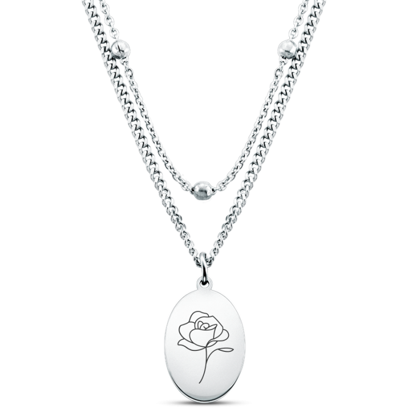 Personalised Engraved Floral Necklace wit Layered Chain